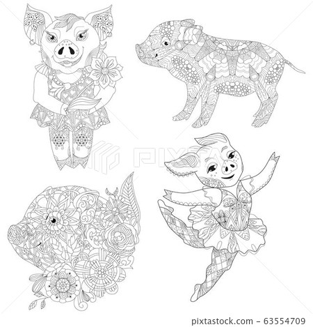Set of pigs with flowers coloring book for adults Set of pigs with flowers coloring book for adults 63554709