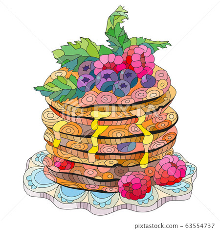 Vector pancakes with raspberries, blueberries and 63554737