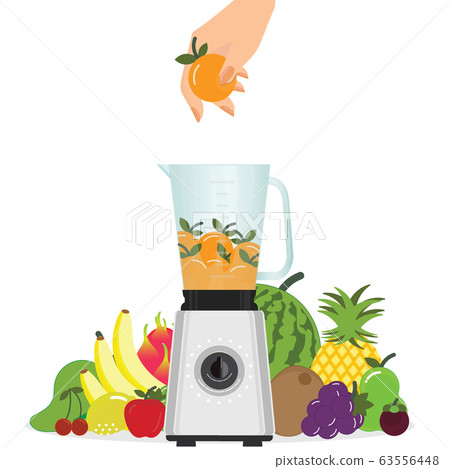 Hand putting orange fruit in Blender. Hand putting orange fruit in Blender. 63556448