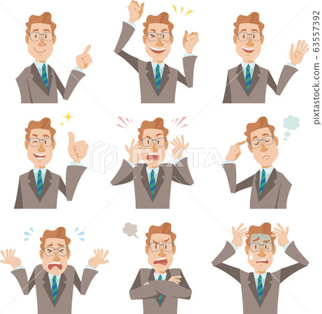 Bust up businessman wearing suit and glasses, 9 different expressions Bust up businessman wearing suit and glasses, 9 different expressions 63557392