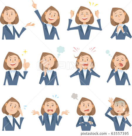 Bust up woman in suit, 12 different facial expressions 63557395