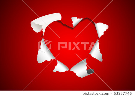 Torn hole and ripped of paper in heart shape on Torn hole and ripped of paper in heart shape on 63557746