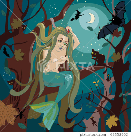 Mermaid sits on a tree branch 63558902