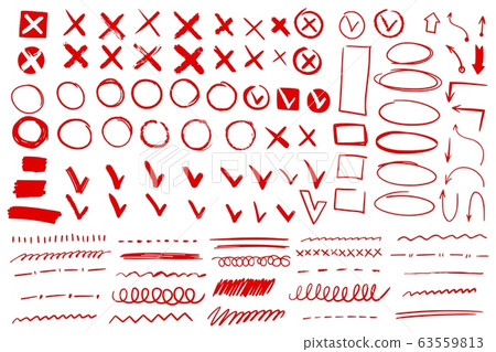 Doodle check mark and underline. Hand drawn red check tick stroke. Cross, circle arrow mark for list items yes or no checklist vector icons 63559813