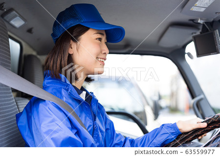 Young woman, driving, carriage, truck Young woman, driving, carriage, truck 63559977