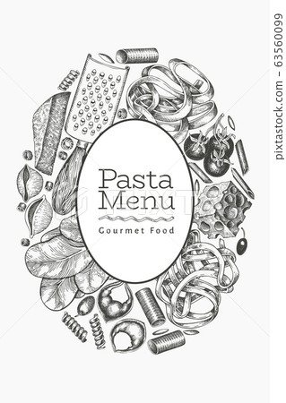 Italian pasta with additions design template. Hand 63560099