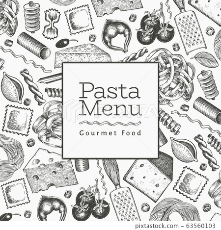Italian pasta with additions design template. Hand Italian pasta with additions design template. Hand 63560103