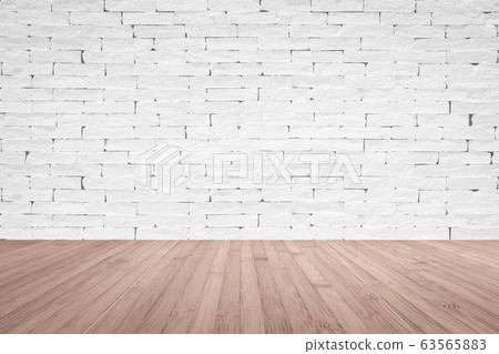 Grunge old aged brick wall painted in white color with wooden floor textured background in red brown Grunge old aged brick wall painted in white color with wooden floor textured background in red brown 63565883