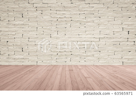 Grunge old aged brick wall painted in cream beige color with wooden floor textured background in red brown 63565971