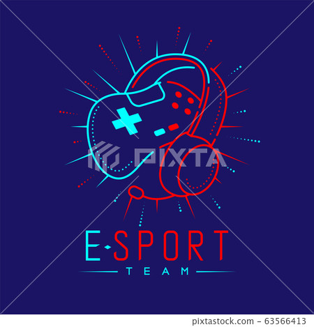 Esport streamer logo icon outline stroke, Joypad or Controller gaming gear with headphones, microphone and radius design isolated on blue background with Esport Team text and copy space, vector 63566413