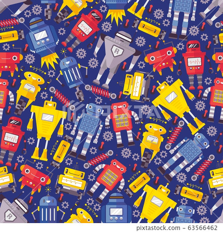 Robot and cyborg character seamless pattern, banner. Design technological process flat equipment, vector illustration. Robot and cyborg character seamless pattern, banner. Design technological process flat equipment, vector illustration. 63566462