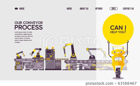 Our conveyor technological process web banner for robot technology vector illustration. Contact us, about us, home, button. 63566467