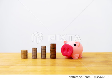 Pig piggy bank and 4 coins Pig piggy bank and 4 coins 63566608