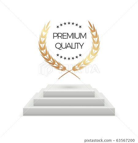 Premium quality. Realistic podium and laurel. Isolated award pedestal stage with golden wreath vector illustration 63567200
