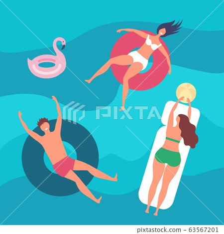 People swimming. Happy sea vacations, man woman in pool. Summertime, water games vector illustration 63567201