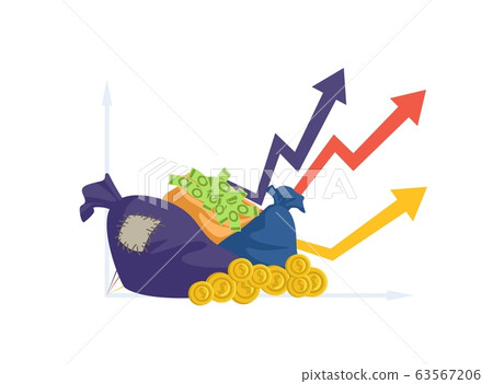 Financial performance. Money bag, coins and cash. Business success, investments profit vector illustration 63567206