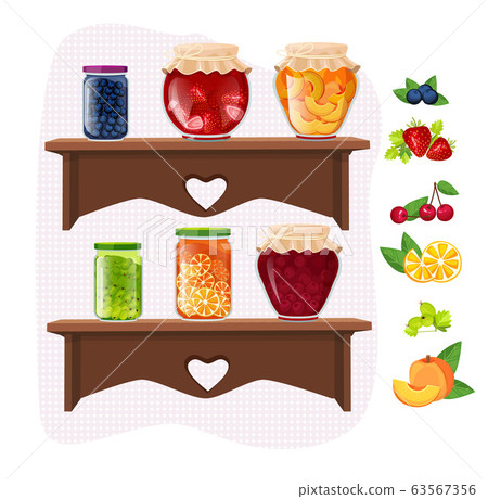 Home made jam. Marmalade fruit dessert jamming jars traditional glass packaging on shelves vector set 63567356