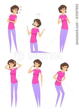 Pms symptoms. Woman cycles monthly periodical pain of female medical syndrome cup bloat vector characters Pms symptoms. Woman cycles monthly periodical pain of female medical syndrome cup bloat vector characters 63567602