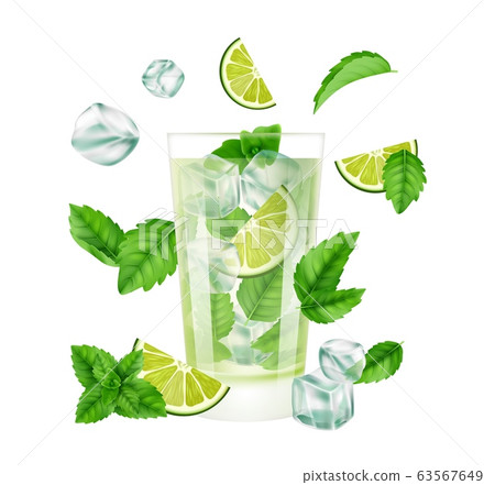 Mojito Cocktail. Summer drink with ice, lime and mint. Realistic glass seasonal cold cocktails. Isolated cafe or bar vector element Mojito Cocktail. Summer drink with ice, lime and mint. Realistic glass seasonal cold cocktails. Isolated cafe or bar vector element 63567649