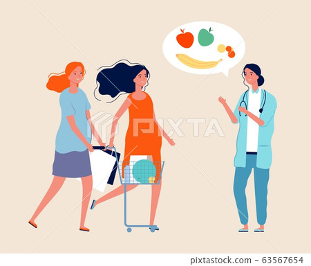 Healthy lifestyle. Nutritionist, pregnant women with food. Expectant mothers with shopping. Doctor talks about healthy food. Maternity and health vector illustration Healthy lifestyle. Nutritionist, pregnant women with food. Expectant mothers with shopping. Doctor talks about healthy food. Maternity and health vector illustration 63567654