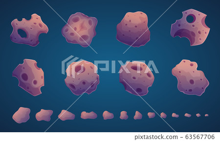 Space asteroids. Cosmic colorful different stones fantastic size stars rocks burn vector cartoon set 63567706
