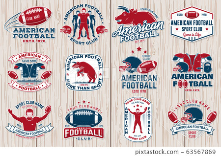 Set Of American Football Or Rugby Club Badge Vector For Shirt Logo Print  Stamp Patch Vintage Design With Bull American Football Sportsman Player  Helmet Ball And Shoulder Pads Silhouette Stock Illustration 