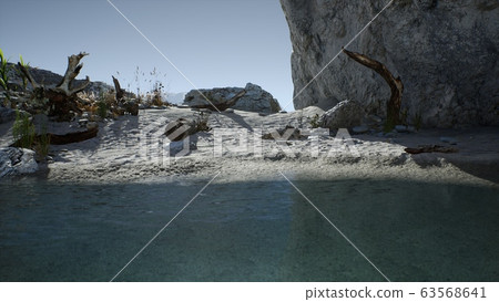 white sand beach near rocky cliffs at ocean white sand beach near rocky cliffs at ocean 63568641