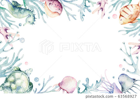Set of sea animals. Blue watercolor ocean fish, turtle, whale and coral. Shell aquarium background. Nautical marine hand painted illustration. Set of sea animals. Blue watercolor ocean fish, turtle, whale and coral. Shell aquarium background. Nautical marine hand painted illustration. 63568927