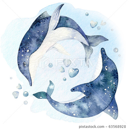 Set of sea animals. Blue watercolor ocean fish, turtle, whale and coral. Shell aquarium background. Nautical wildlife dolphin marine illustration, jellyfish, starfish Set of sea animals. Blue watercolor ocean fish, turtle, whale and coral. Shell aquarium background. Nautical wildlife dolphin marine illustration, jellyfish, starfish 63568928