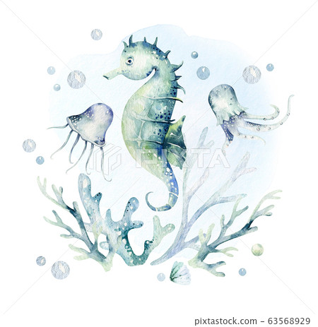 Set of sea animals. Blue watercolor ocean fish, turtle, sea horse whale and coral. Shell aquarium background. Nautical marine hand painted illustration. Set of sea animals. Blue watercolor ocean fish, turtle, sea horse whale and coral. Shell aquarium background. Nautical marine hand painted illustration. 63568929