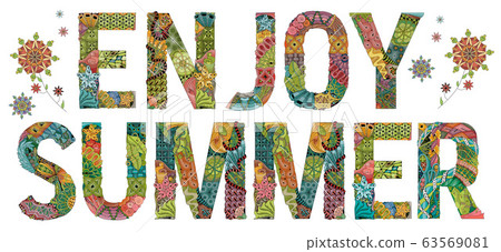 Words ENJOY SUMMER with silhouette of lips. Vector 63569081