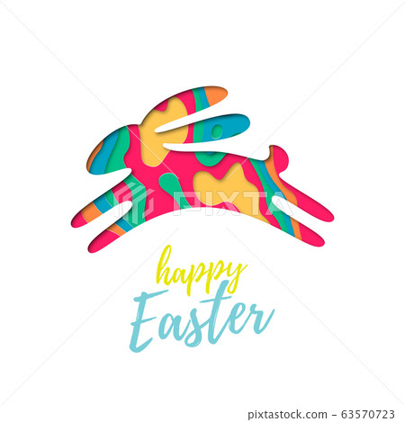 Vector Easter bunny of colored paper cut in jump. Vector Easter bunny of colored paper cut in jump. 63570723