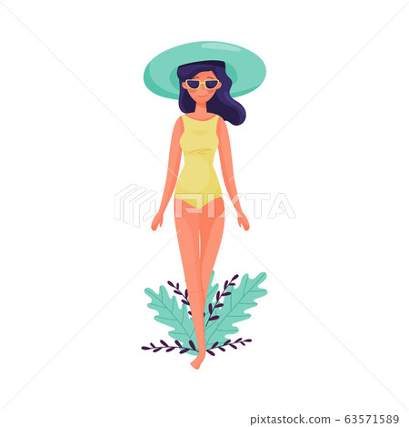 Dark-haired Girl in Sunglasses and Swimsuit Walking Along the Beach Vector Illustration Dark-haired Girl in Sunglasses and Swimsuit Walking Along the Beach Vector Illustration 63571589