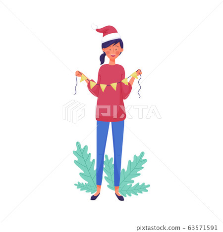 Young Laughing Girl Wearing Santas Hat Holding Decoration Garland Vector Illustration Young Laughing Girl Wearing Santas Hat Holding Decoration Garland Vector Illustration 63571591