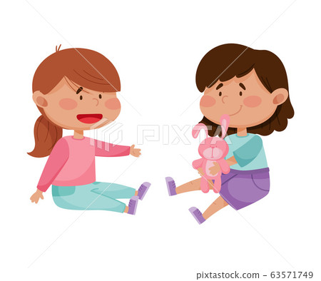 Red Cheeked Little Girl Sharing Toy Hare with Her Friend Vector Illustration Red Cheeked Little Girl Sharing Toy Hare with Her Friend Vector Illustration 63571749