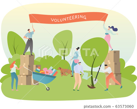 Volunteer organization concept, people planting and watering tree, donating to charity, vector illustration 63573060