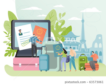 People apply for visa to travel abroad, tourist passport concept, document security control, vector illustration 63573061