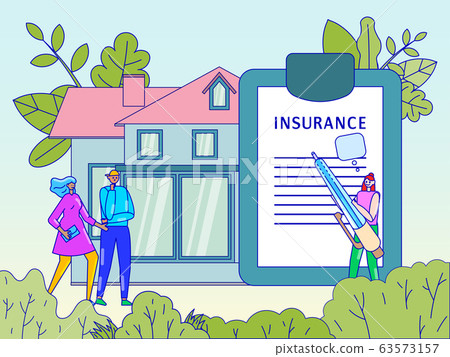 Property insurance concept, people buying new house and signing contract with agent, vector illustration Property insurance concept, people buying new house and signing contract with agent, vector illustration 63573157