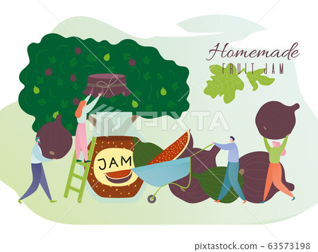 Homemade fig jam concept, tiny people making sweet fruit confiture in huge jar, vector illustration Homemade fig jam concept, tiny people making sweet fruit confiture in huge jar, vector illustration 63573198