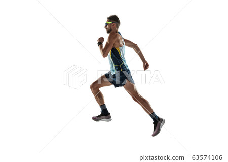 Triathlon male athlete running isolated on white studio background 63574106