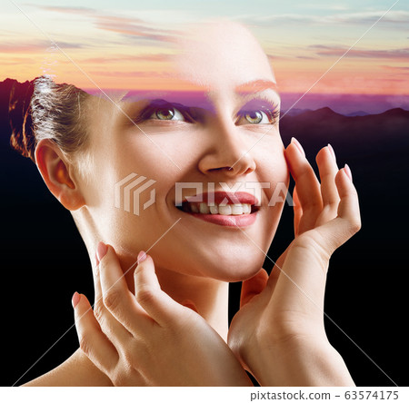 Double exposure of beautiful woman face and sunset sky. Double exposure of beautiful woman face and sunset sky. 63574175