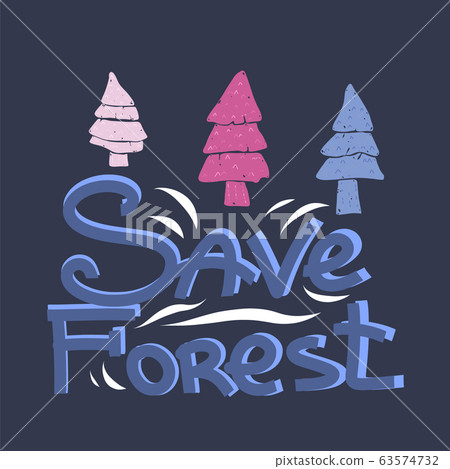 Lettering save the forest, cute spruce trees on... - Stock Illustration ...