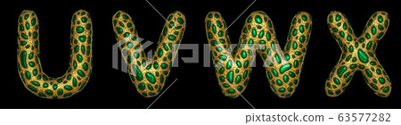 Letter set U, V, W, X made of realistic 3d render golden shining metallic. 63577282