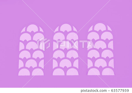 Three arched windows with pattern. Violet and pale pink colors Three arched windows with pattern. Violet and pale pink colors 63577939