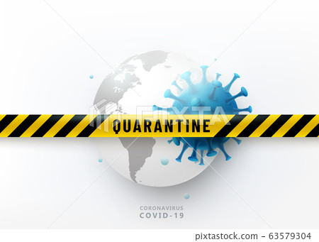 Coronavirus quarantine vector design concept. Virus 2019-ncov attack earth globe. Warning protection strip in yellow and black color crosses illustration Coronavirus quarantine vector design concept. Virus 2019-ncov attack earth globe. Warning protection strip in yellow and black color crosses illustration 63579304