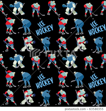 Ice Hockey seamless hand drawn pattern players and lettering. 63580355