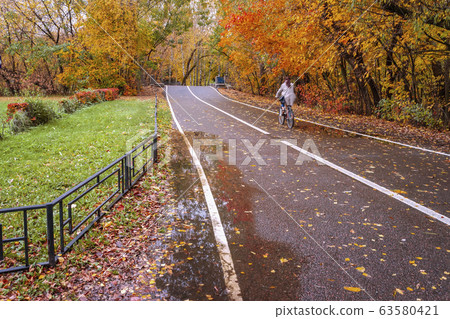 Unrecognizable girl riding bike in autumn park, bright colorful trees, sunny day, fall foliage background. Healthy lifestyle, leisure activity Unrecognizable girl riding bike in autumn park, bright colorful trees, sunny day, fall foliage background. Healthy lifestyle, leisure activity 63580421