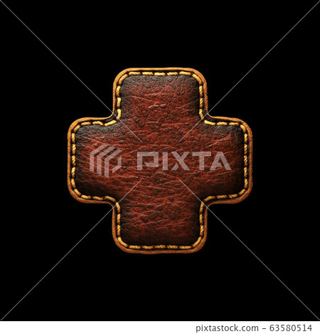 Symbol plus made of leather. 3D render font with skin texture on black background. 63580514