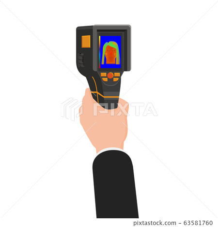 Hand holds Thermal scaner camera infrared. Portable Visualize temperature differences thermometer, thermographic for the environment and people. Vector illustration isolated 63581760