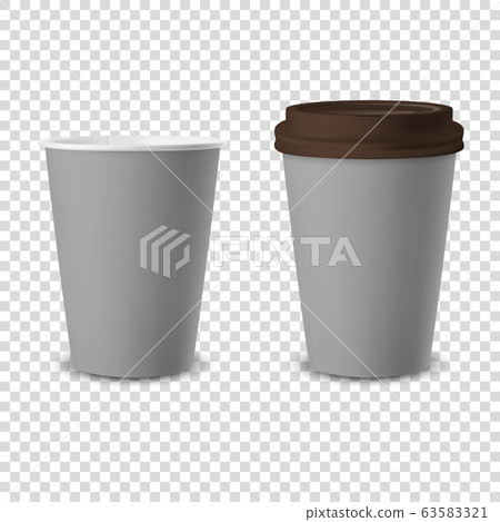 Vector 3d Realistic Gray Disposable Opened and Closed with Brown Lid Paper, Plastic Coffee Cup for Drinks Icon Set Closeup Isolated on Transparent Background. Design Template, Mockup. Front View 63583321